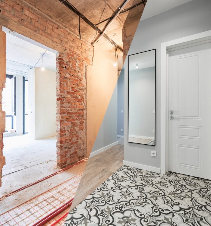 Apartment with doors before and after renovation.