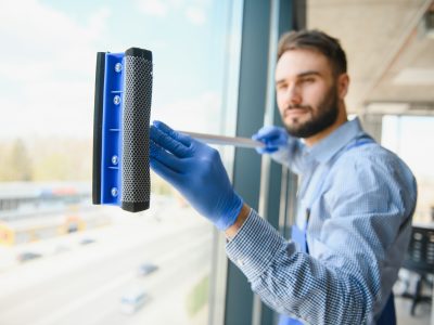 Male janitor cleaning window in office