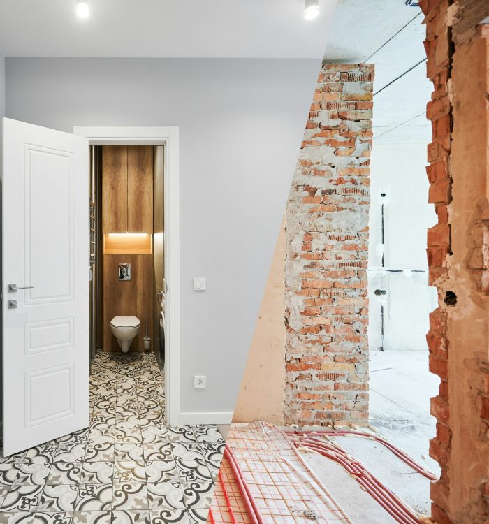 Photo collage of apartment before and after renovation.